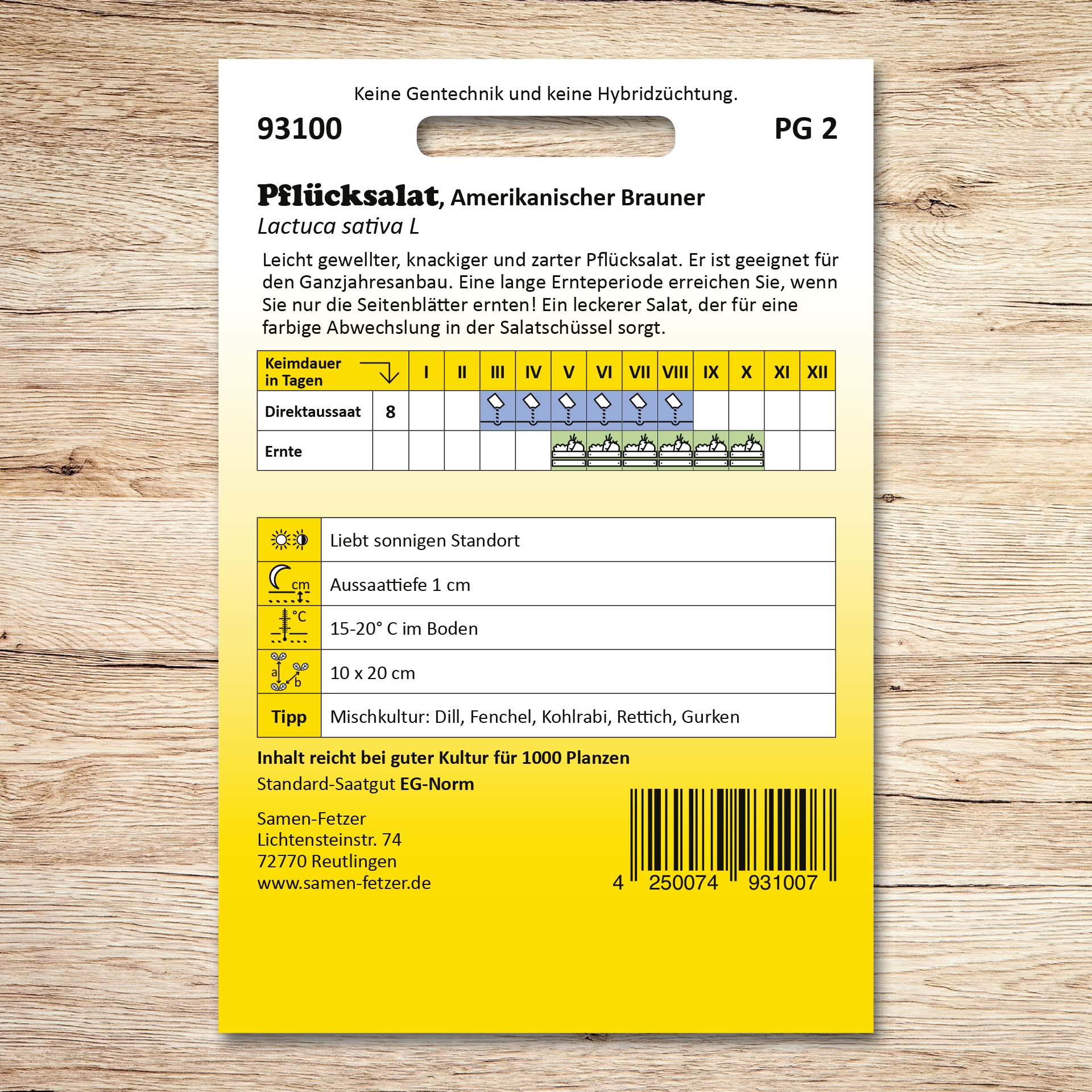 Rückseite der Samen-Fetzer-Saatgutpackung Pflücksalat Amerikanischer Brauner mit Aussaat- und Erntekalender sowie Angaben zum knackigen, zarten Pflücksalat für den Ganzjahresanbau.