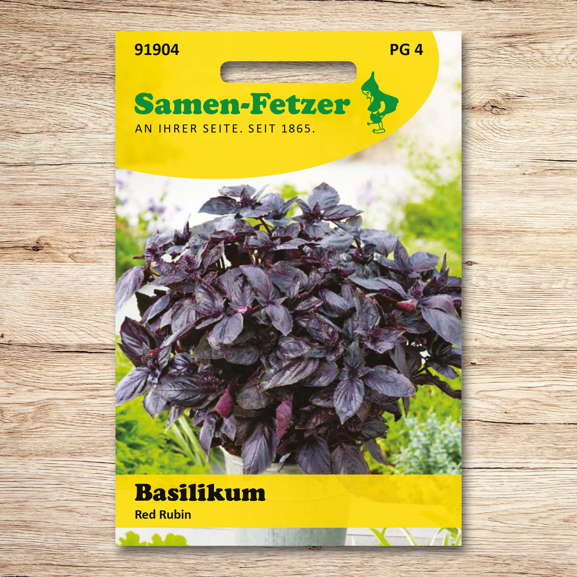 Samenpackung Basilikum Rotes Red Rubin von Samen-Fetzer mit kompakter Basilikumpflanze und dunkelroten, würzigen Blättern – ideal für Pesto, Salate und Dekoration.