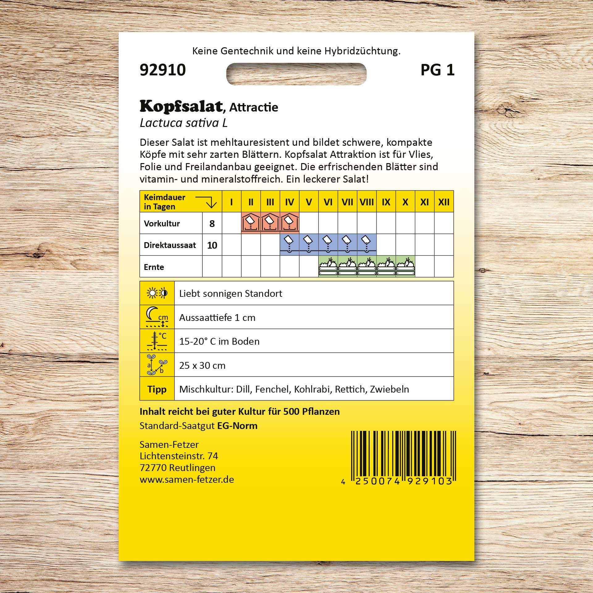 Rückseite der Samenpackung Kopfsalat Attractie von Samen-Fetzer mit Aussaat- und Erntekalender; mehltauresistenter, vitaminreicher Kopfsalat für Vlies, Folie und Freilandanbau.