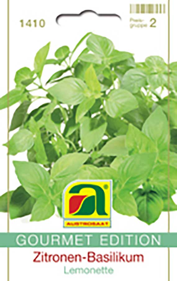 Produktbild einer Samenpackung Zitronen-Basilikum 'Lemonette' (Gourmet Edition) mit grünem Basilikumblatt-Motiv und Herstellerlogo