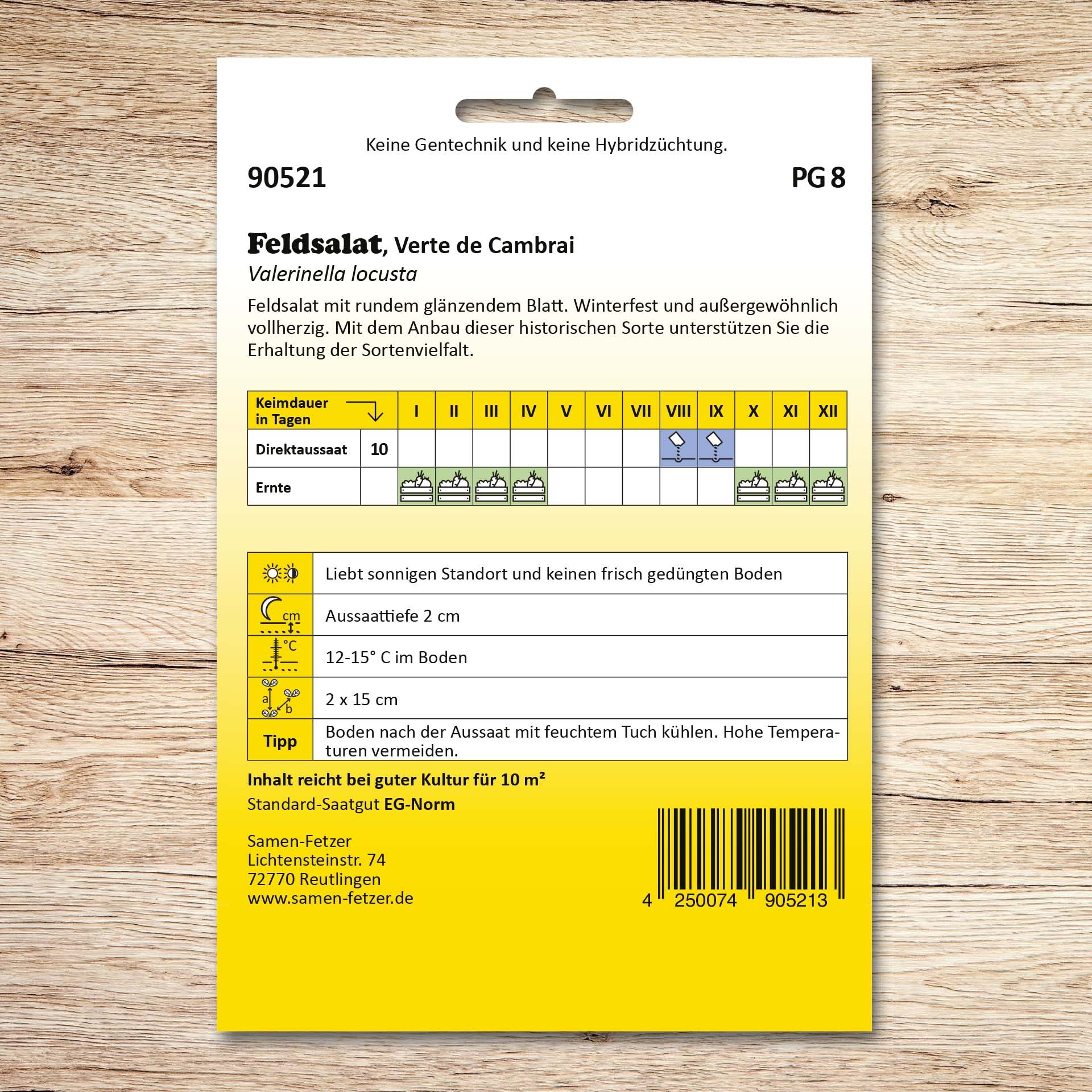 Rückseite der Saatgutpackung Feldsalat „Verte de Cambrai“ von Samen-Fetzer mit Anbauinfos zu winterfestem Ackersalat, rund glänzenden Blättern sowie Aussaat-, Ernte- und Standortangaben.
