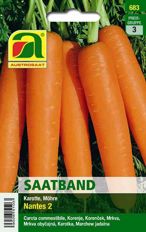 Saatband-Samenpackung 'Nantes 2' für Karotten/Möhren, Produktbild mit mehreren orangefarbenen Möhren, grünem Blattansatz und Austrosaat-Logo