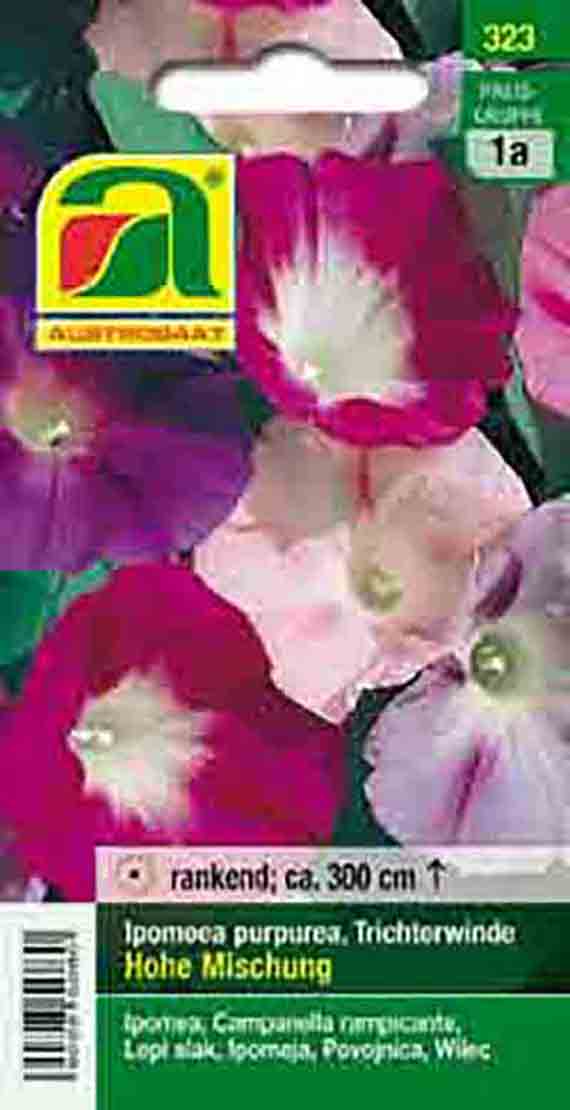 Saatgutpackung für Ipomoea purpurea (Trichterwinde), bunte hohe Mischung, Kletterpflanze bis ca. 300 cm, Packungsabbildung mit Blüten