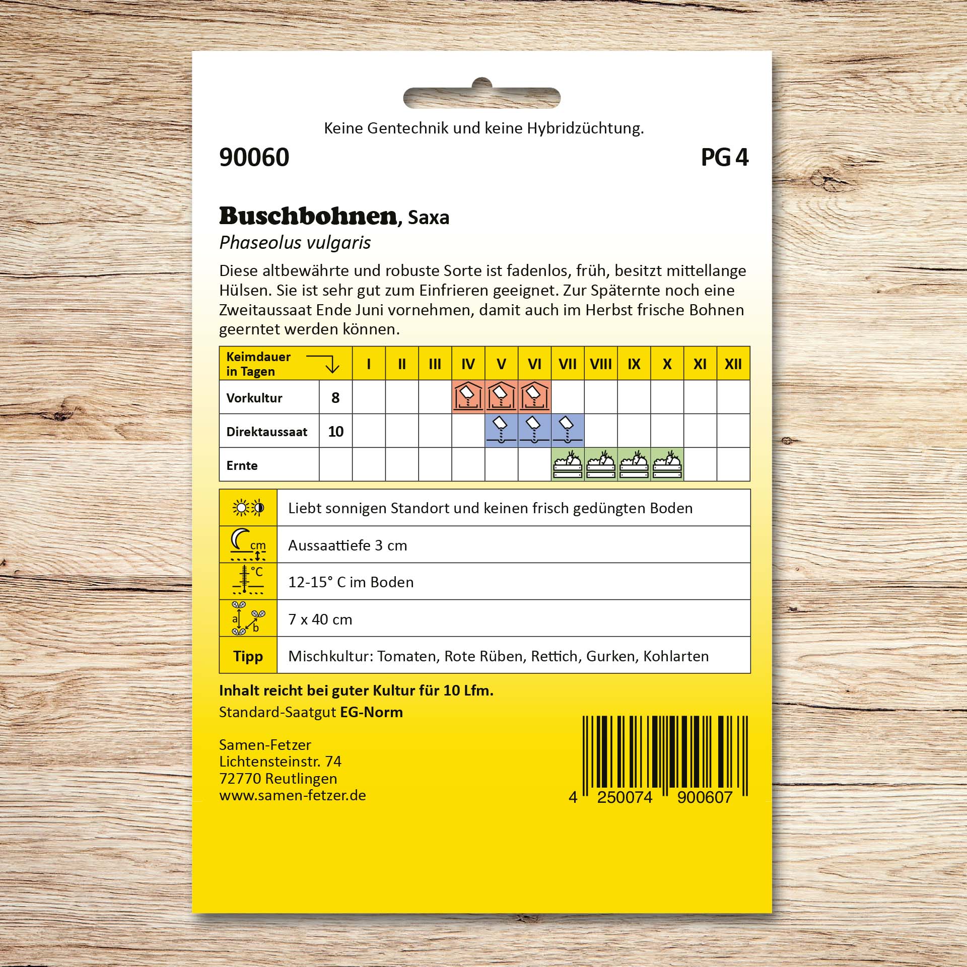 Rückseite der Samen-Fetzer Samentüte Buschbohnen Saxa mit Aussaatkalender, Erntezeit, Standort- und Pflanzabstandshinweisen für die frühe, fadenlose Buschbohne
