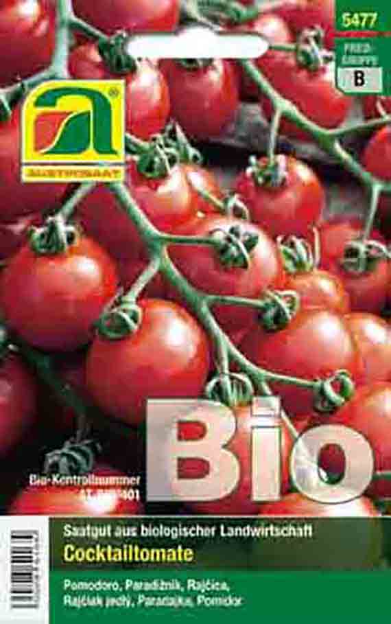 Vorderseite einer BIO-Saatgutpackung für Cocktailtomaten mit roten Früchten an der Rispe, grünem Logo und Text 'Saatgut aus biologischer Landwirtschaft'.