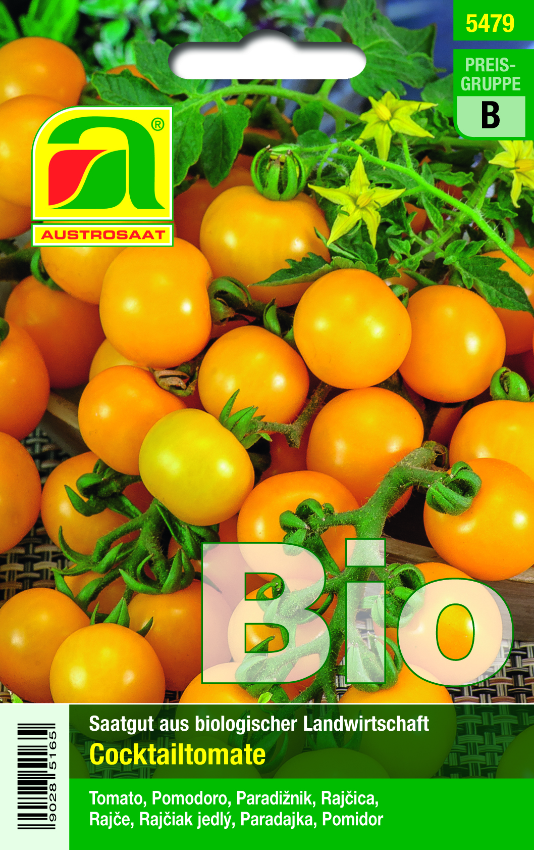 Verpackung von Austrosaat Saatgut für biologische Cocktailtomaten (Bio), Abbildung reifer gelb-orangefarbener Cocktail-Tomaten an Rispen, grünes Logo, Preisgruppe B und Produktnummer 5479