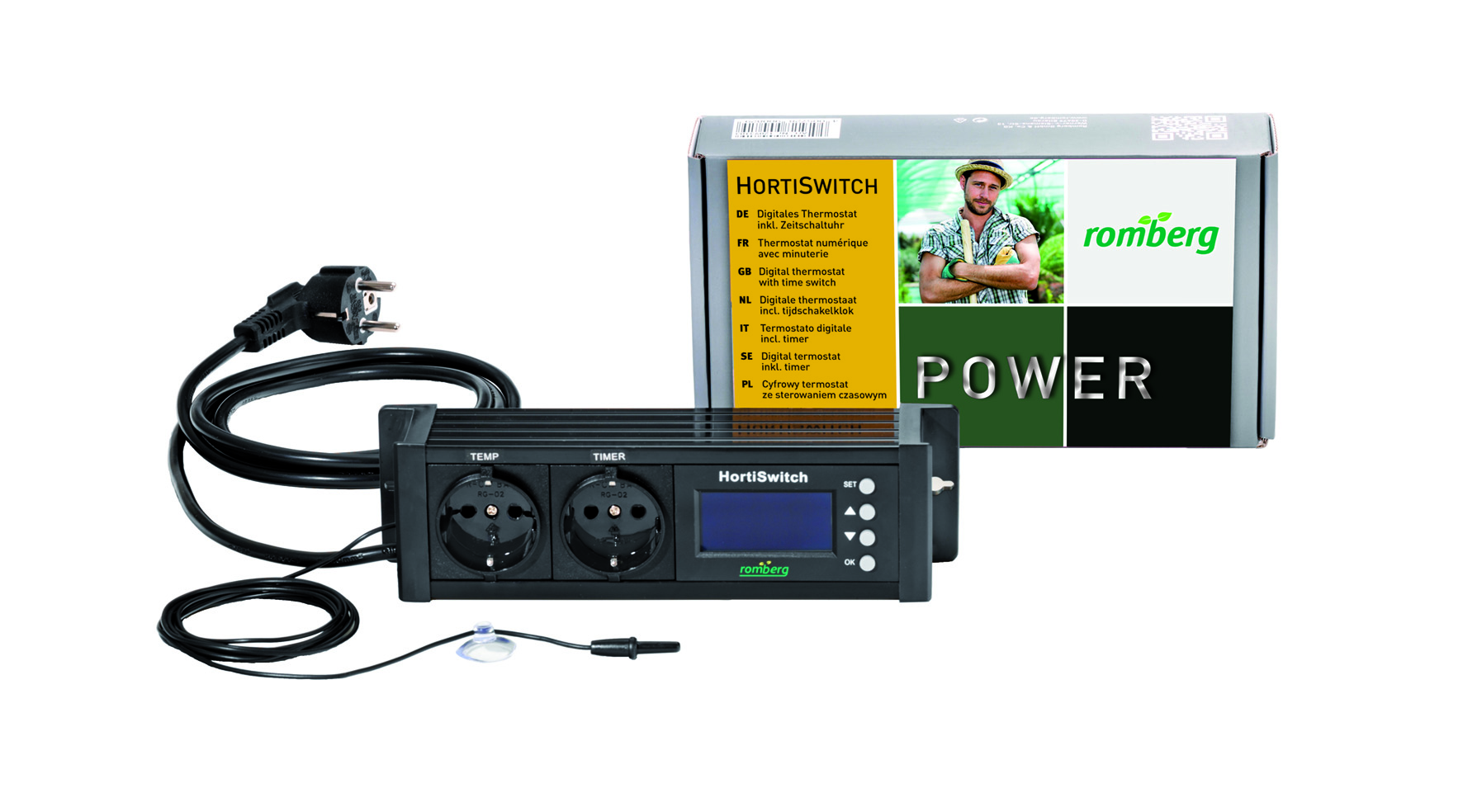Romberg HortiSwitch digitales Thermostat mit Zeitschaltuhr, zwei Schutzkontakt-Steckdosen (TEMP, TIMER), LCD-Display, externem Temperaturfühler mit Saugnapf und Verpackung