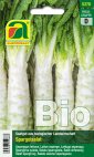 Samenpäckchen für Bio-Lauchzwiebeln, zeigt mehrere weiße Stängel mit grünen Spitzen