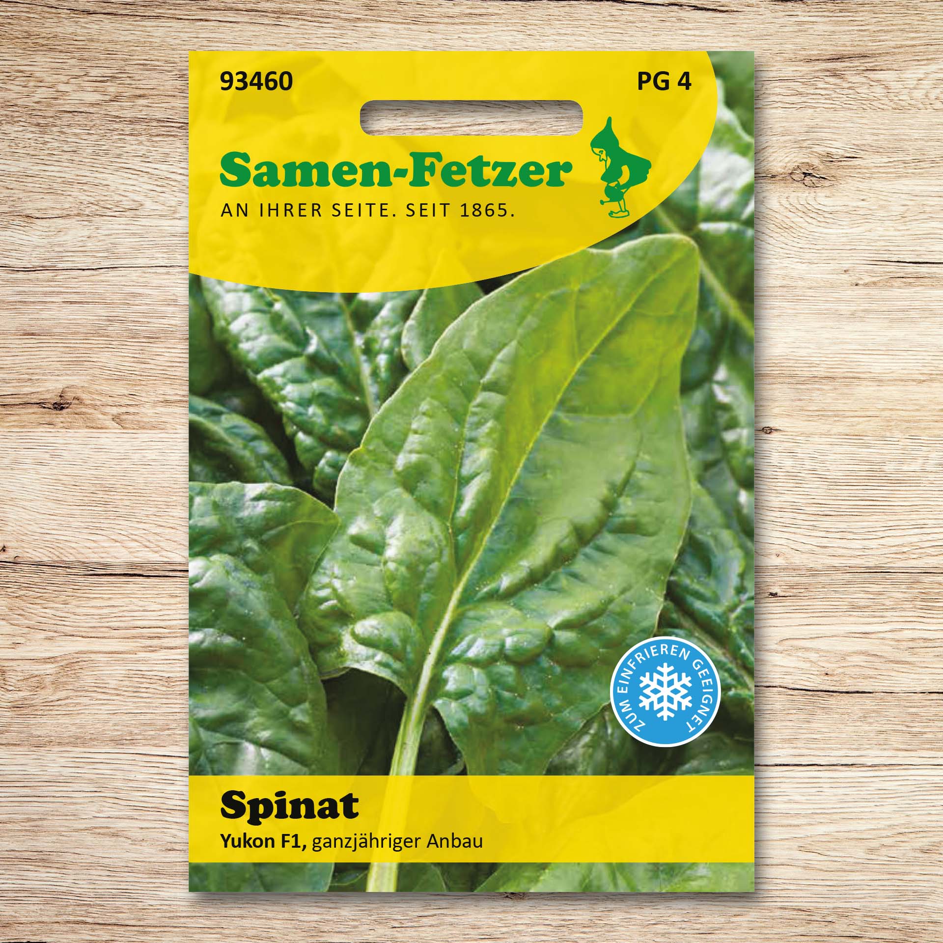 Abgebildet ist die Spinat-Saatgutpackung Yukon F1 von Samen-Fetzer als Teil des Samen-Sortiments Fetzers Herbstsalat Set für Herbstsalate mit frischem Grün aus dem Garten.