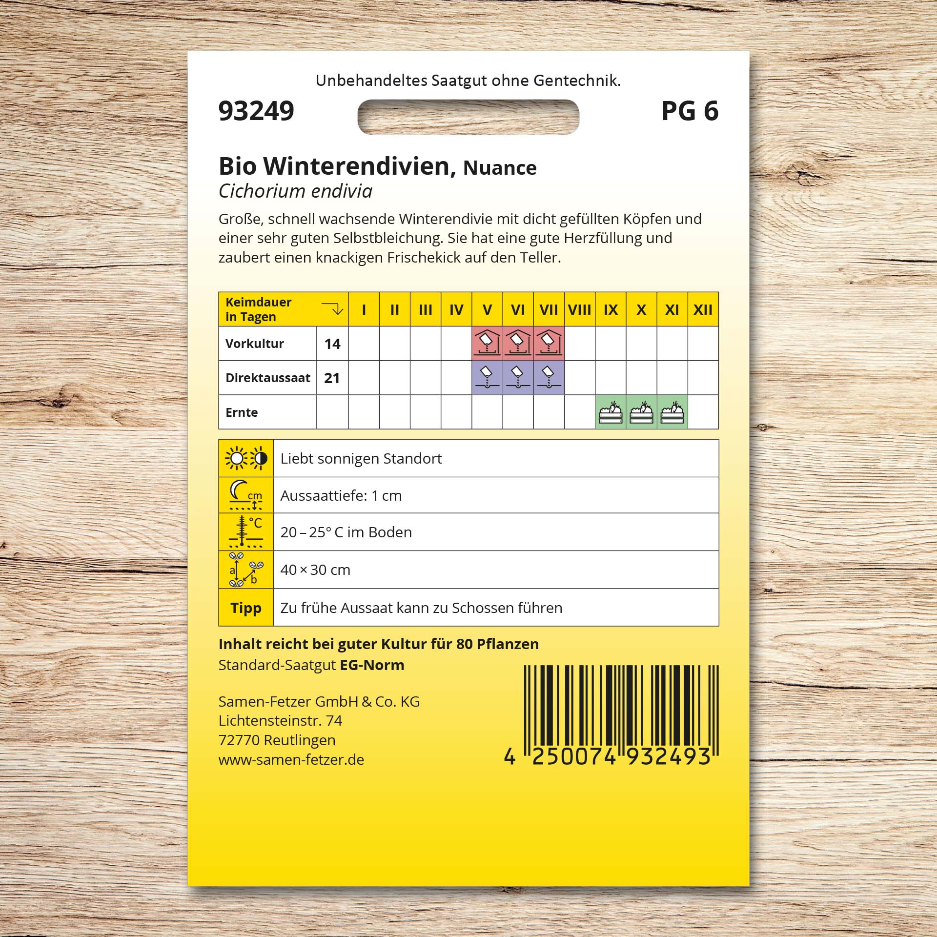 Rückseite der Saatgutpackung Endivien Bio Nuance von Samen-Fetzer mit Aussaat- und Erntekalender für vitaminreiche Winterendivie, ideal für Mischsalate und Dekoration