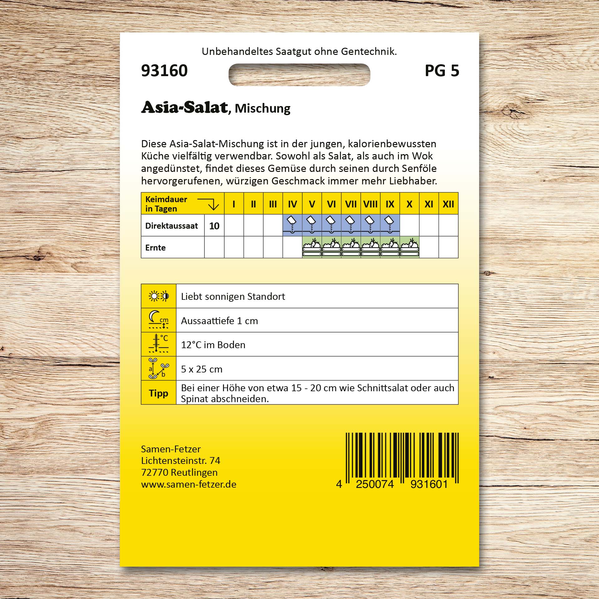 Rückseite der Samen-Fetzer Saatgutverpackung Asiasalat Mischung mit Aussaat- und Erntekalender, würziger Asia-Salat-Mix für kalorienbewusste Salate und Wok-Gerichte.