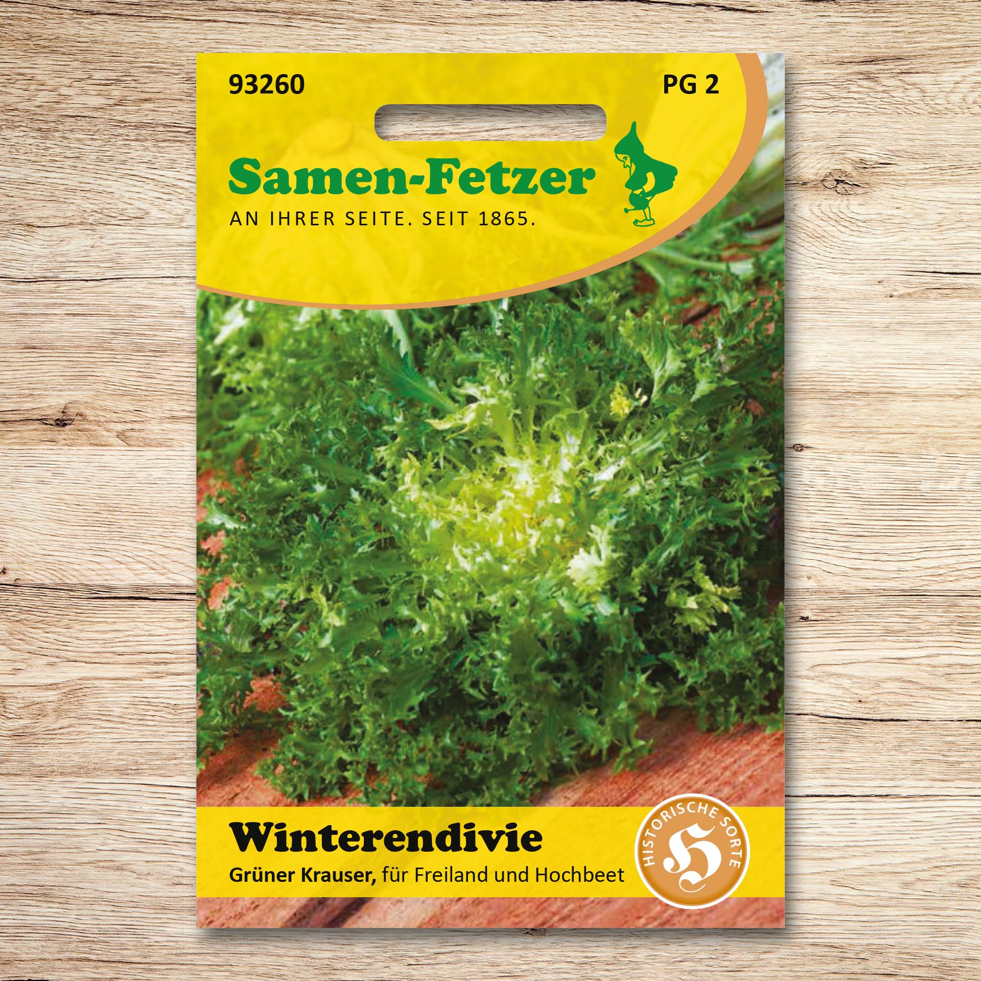 Saatgutpackung Winterendivien Grüner Krauser von Samen-Fetzer mit fein gekraustem Frisée-Endiviensalat, ideal für vitaminreiche Mischsalate und den Frühjahr- und Herbstanbau.