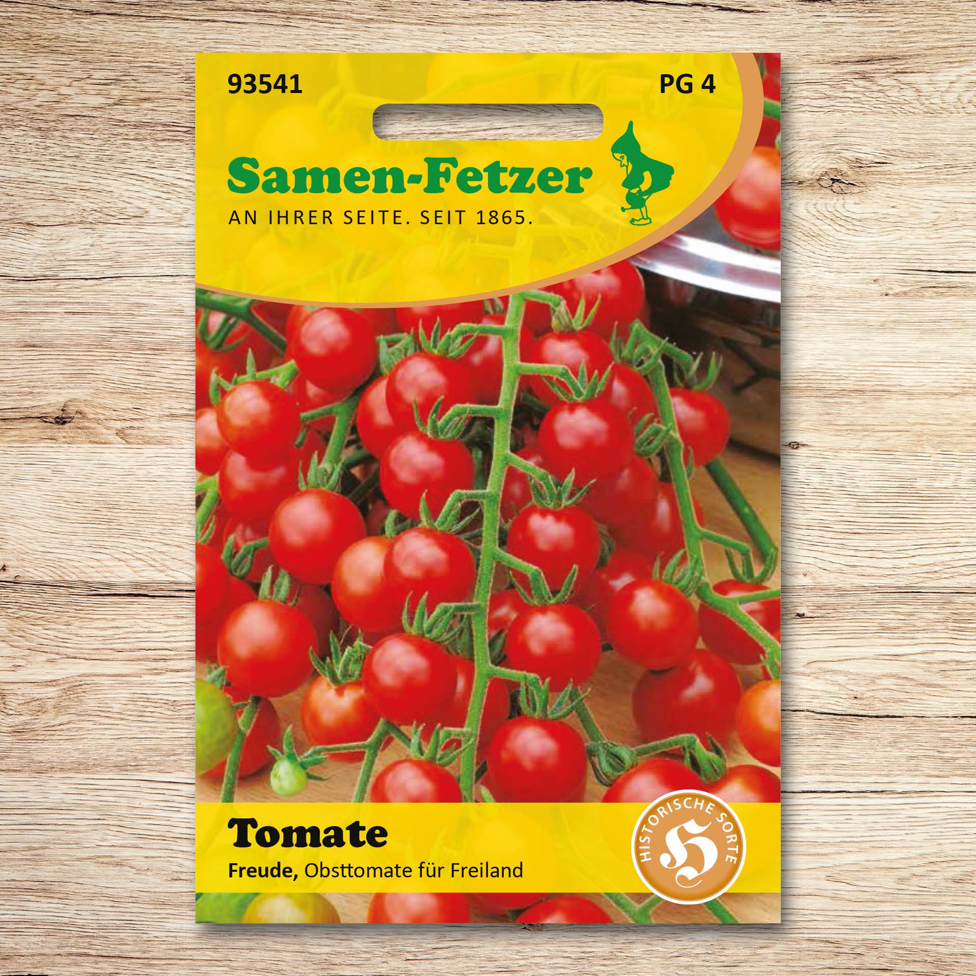 Saatgutpackung Samen-Fetzer Obsttomaten Freude mit vielen kleinen roten Tomaten an Rispen – historische, früh reifende, fruchtig-süße Sorte für gesunde Snacks