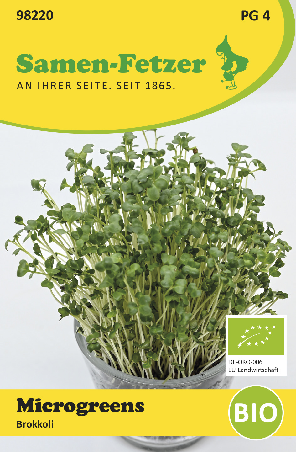 Bio-Brokkoli-Microgreens im Glas als Teil des Samen-Sortiment Fetzers Microgreens Küchen Set für frische, aromatische Keimlinge auf der Fensterbank