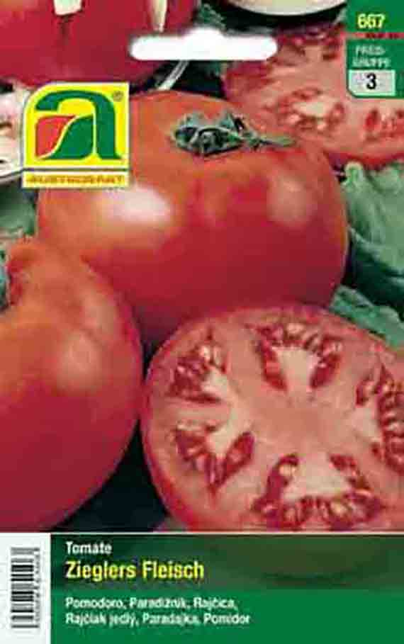 Samenpackung 'Zieglers Fleisch' mit ganzen und halbierten roten Fleischtomaten, sichtbares Markenlogo und Pflanzenabbildung auf Verpackung