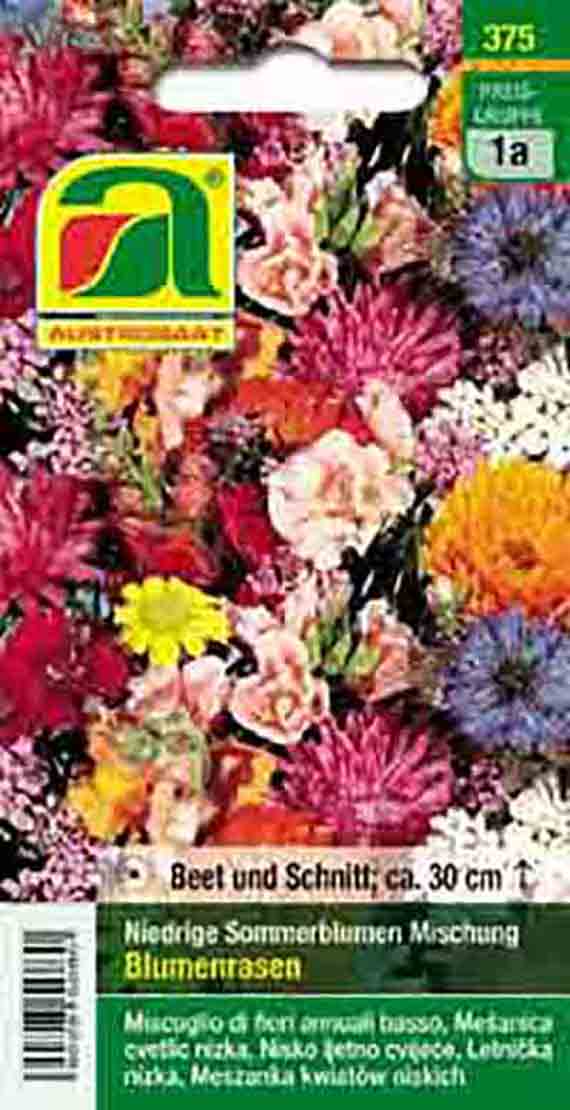 Saatguttüte mit buntem Blumenmotiv und Mischung niedriger Sommerblumen (Beet und Schnitt, ca. 30 cm)