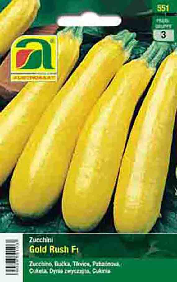 Saatgutpackung Zucchini 'Gold Rush' mit Abbildung mehrerer länglicher gelber Früchte