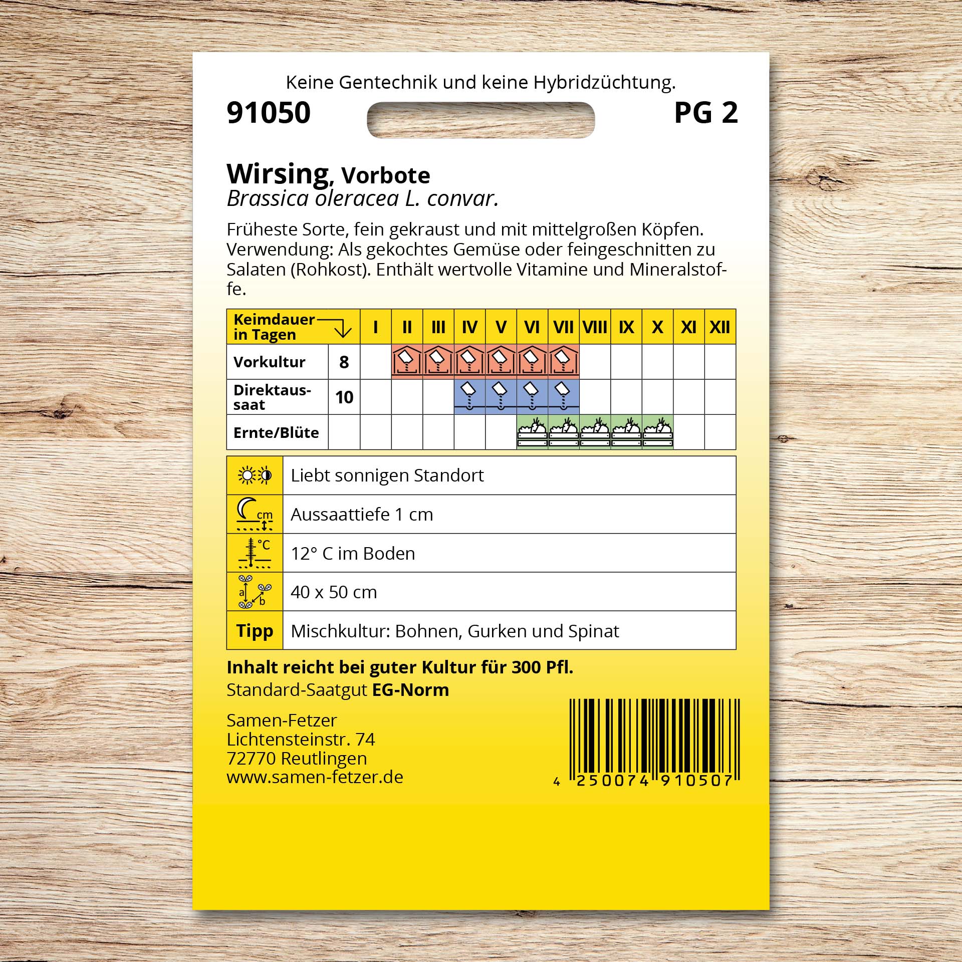 Rückseite der Samenpackung Wirsing Vorbote mit Aussaatkalender und Anbauhinweisen für eine frühe historische Wirsingsorte mit fein gekrausten, mittelgroßen Köpfen, vitaminreich und ideal für Gemüse oder Rohkostsalat.