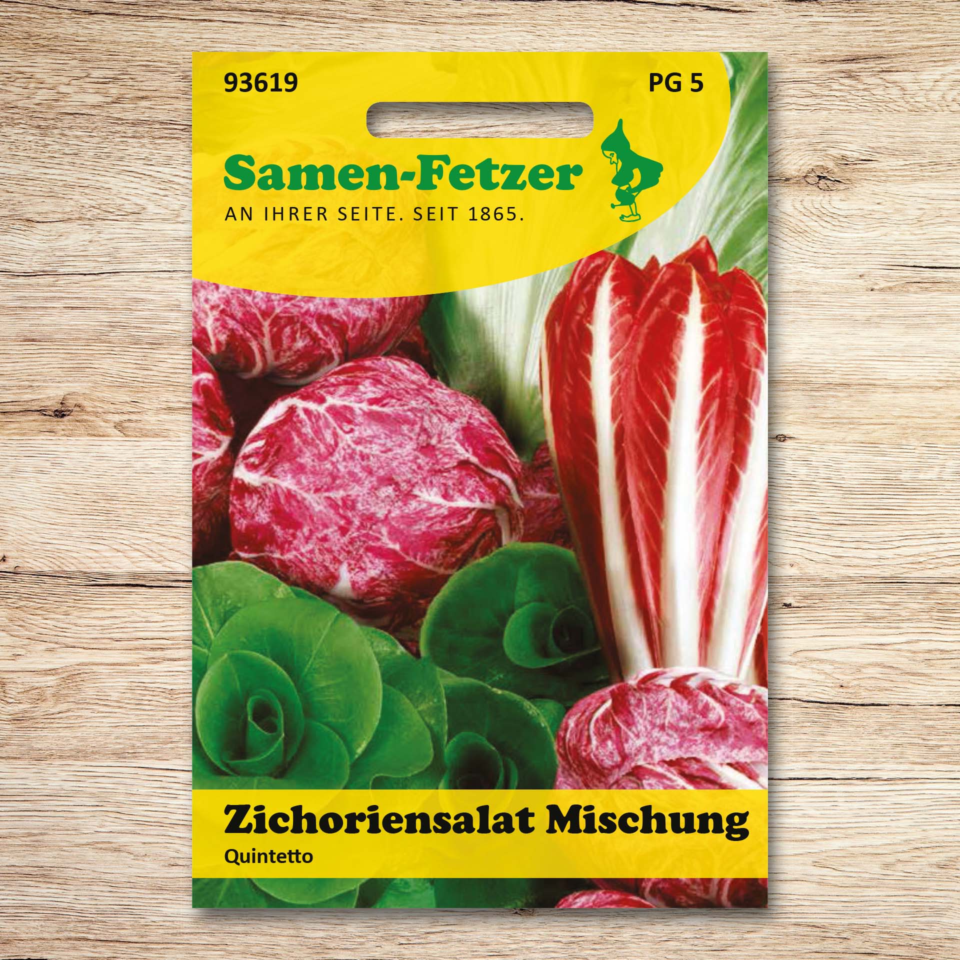 Samen-Fetzer Zichoriensalat Quintetto Mischung, Saatgut für Zichorien-Spezialitäten mit Zuckerhut, Palla Rossa, Roter von Treviso, Variegata di Castelfranco und Grumolo verde