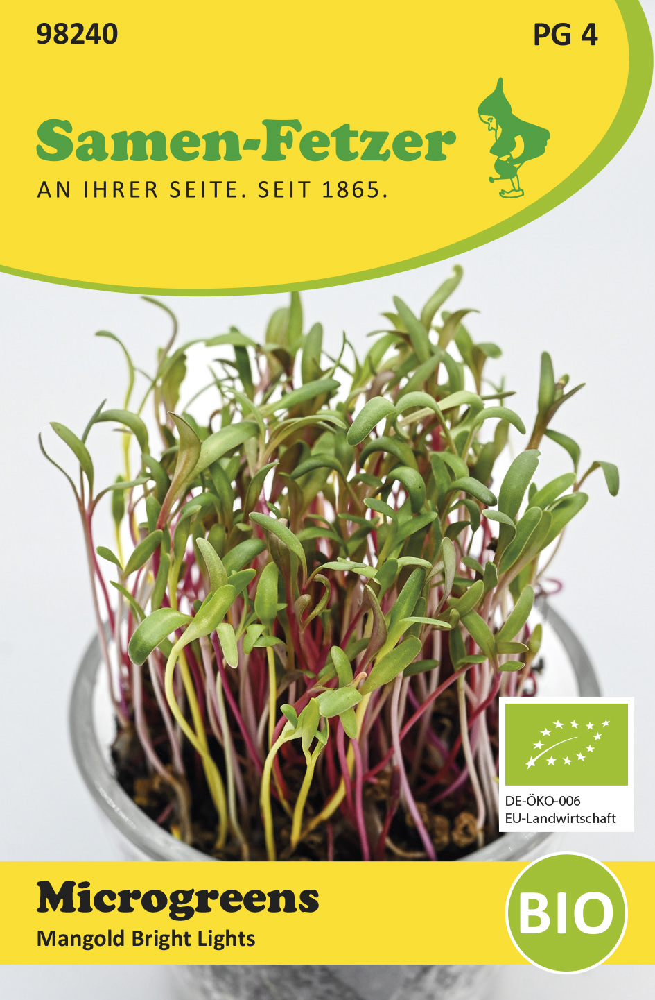 Bio-Microgreens Mangold Bright Lights im Topf als Teil von Fetzers Microgreens Küchen Set für frische, aromatische Keimlinge auf der Fensterbank