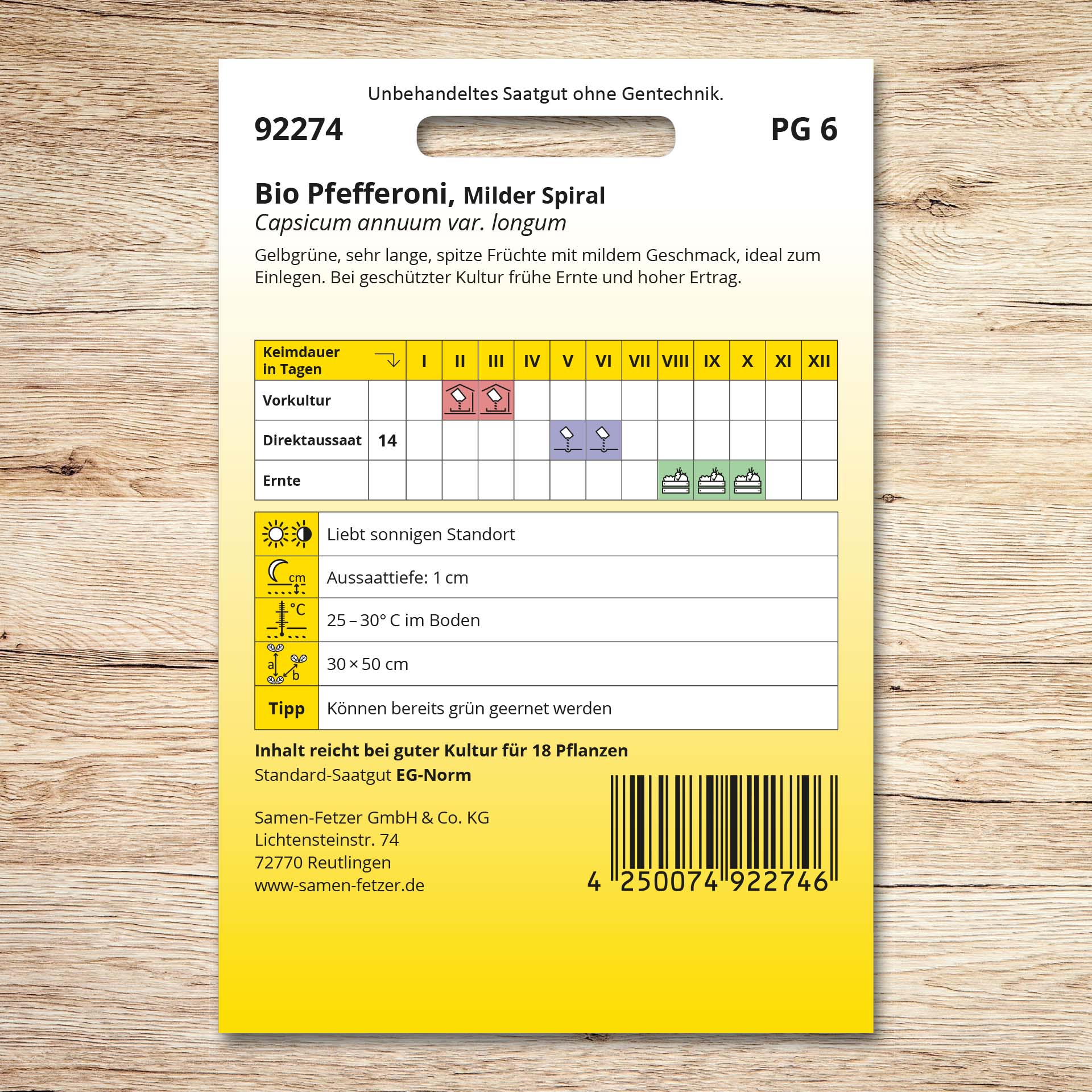 Rückseite der Saatgutverpackung Pfefferoni (Bio) Milder Spiral von Samen-Fetzer mit Aussaat- und Erntekalender für gelbgrüne, lange, milde Pfefferoni zum Einlegen