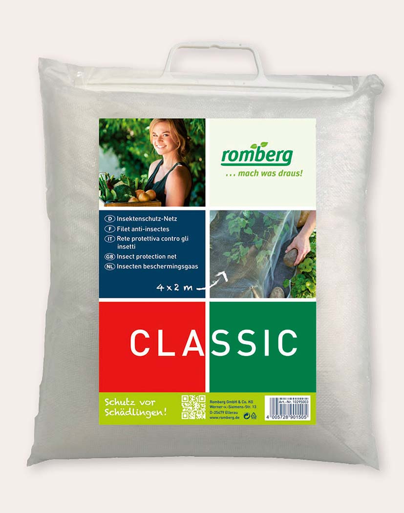 Produktverpackung: Romberg CLASSIC Insektenschutz-Netz 4 x 2 m, weißes Netz mit Label, Bild einer lächelnden Frau und Anwendungsfoto im Garten; Schutz vor Schädlingen