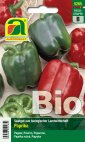Saatgut-Packung mit dem Aufdruck 'Bio' und Abbildung einer grünen und einer roten Paprika