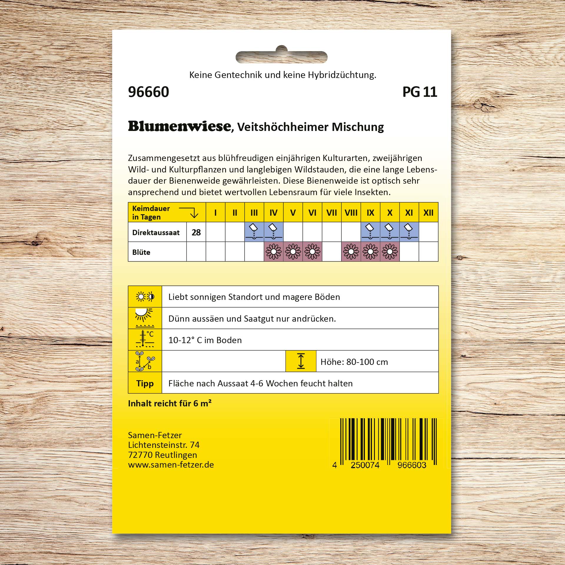 Rückseite der Samenpackung Blumenwiese Veitshöchheimer Mischung von Samen-Fetzer mit Aussaat- und Blühkalender für 43 Arten Bienenweide in Profi-Qualität