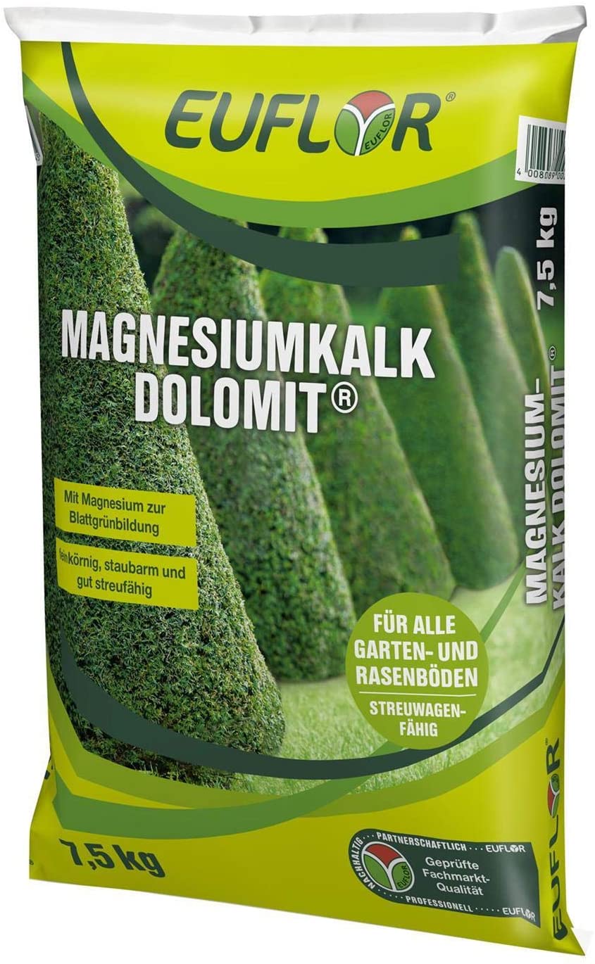 Euflor Magnesiumkalk Dolomit 7,5 kg im Beutel mit grünem Design, mineralischer Kalkdünger mit Magnesium zur Bodenverbesserung für Garten und Rasen