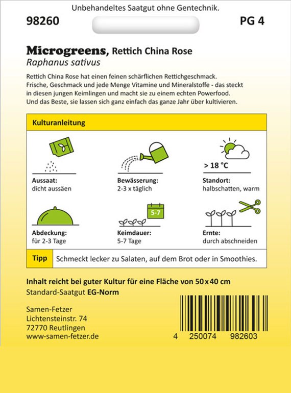 Rückseite eines Samenpakets für Microgreens 'Rettich China Rose' (Raphanus sativus) mit Anleitung: Aussaat dicht, Bewässerung 2–3× täglich, Abdeckung 2–3 Tage, Keimdauer 5–7 Tage, Standort >18 °C, Ernte: abschneiden, Tipp: für Salate, Brot, Smoothies.