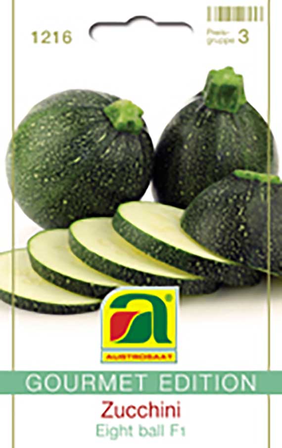 Samenpackung Zucchini Eight Ball F1 (Gourmet Edition) mit Abbildung runder grüner Zucchini und aufgeschnittenen Scheiben