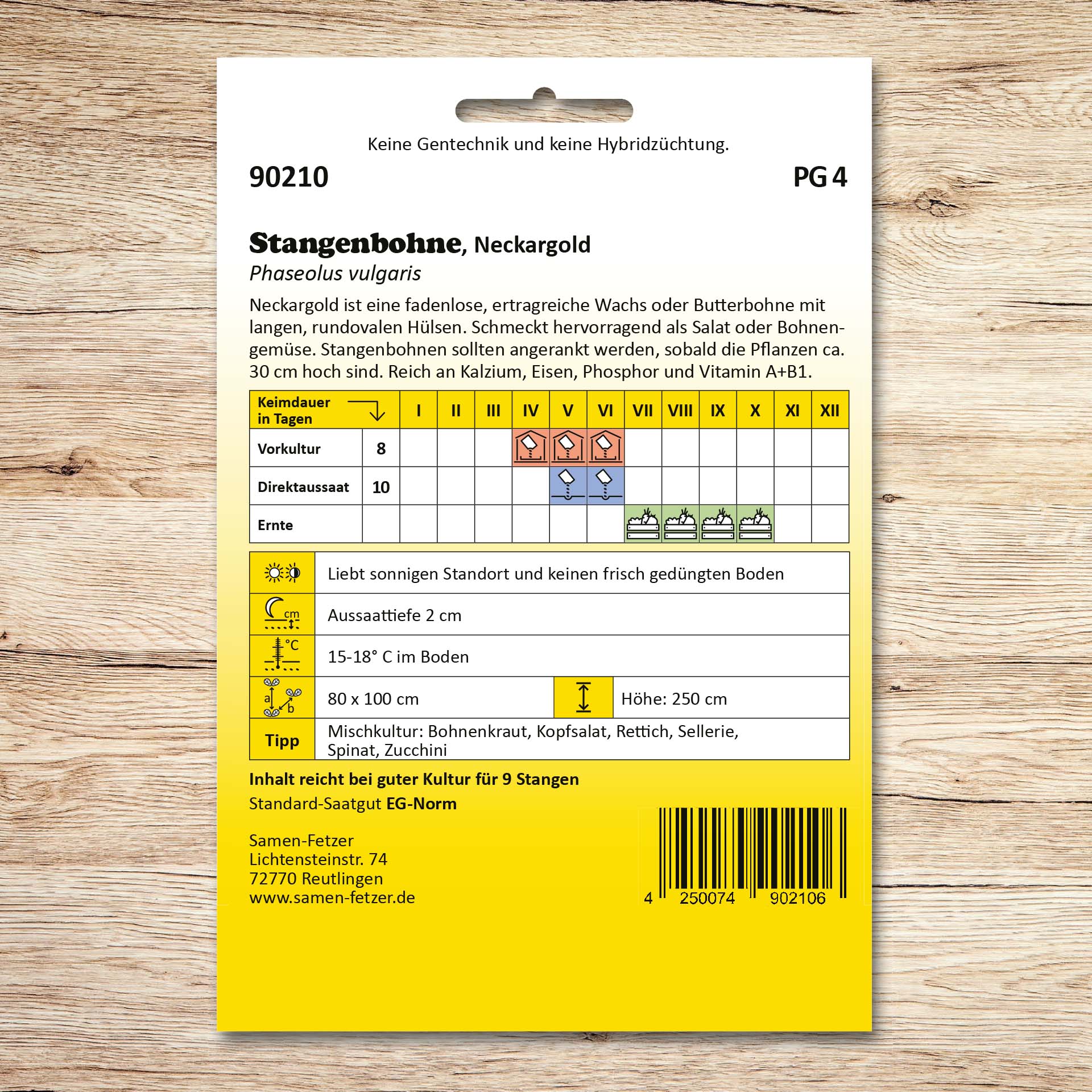 Rückseite der Samen-Fetzer Samentüte Stangenbohnen Neckargold mit Aussaat- und Erntekalender, Pflegehinweisen für die ertragreiche, fadenlose Butterbohne