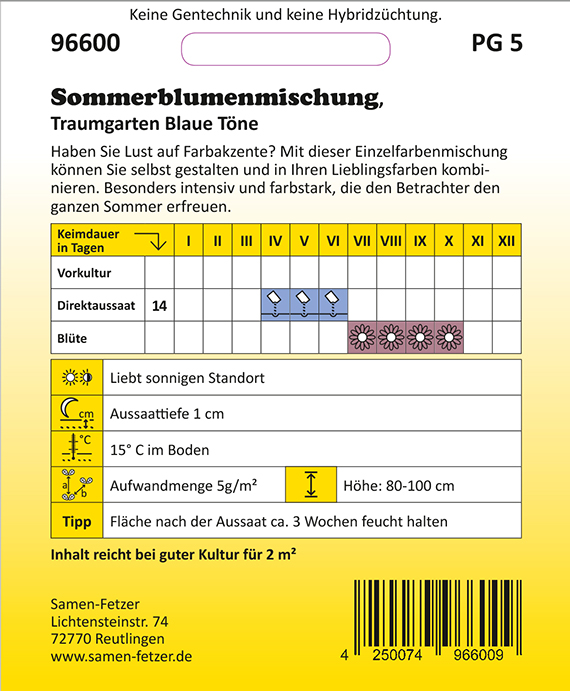 Packungsrückseite Samen: Sommerblumenmischung 'Traumgarten Blaue Töne' mit Aussaatkalender, Keimdauer 14 Tage, Aufwandsmenge 5 g/m², liebt sonnigen Standort, Blütehinweise, Symbolgrafiken und Barcode