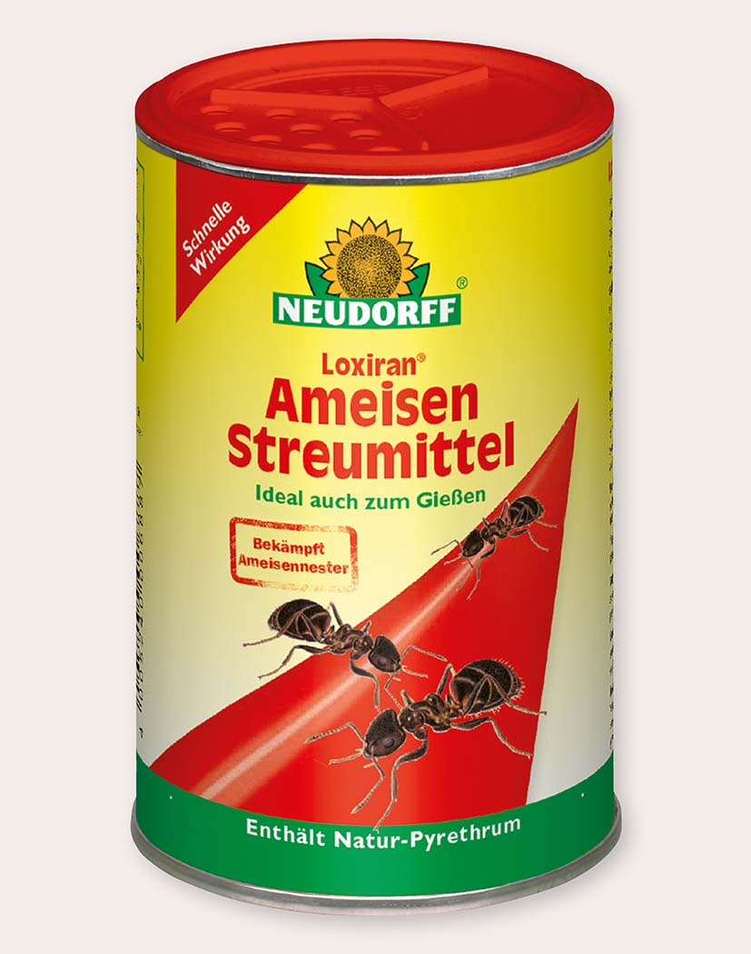 Neudorff Loxiran Ameisen-Streumittel Dose, gelb-rote Verpackung mit Streueinsatz und Ameisenabbildung