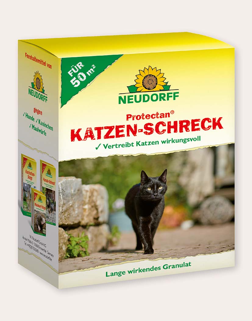 Produktverpackung Neudorff Protectan Katzen-Schreck: gelb-grüne Box mit Sonnenblumenlogo und Foto einer schwarzen Katze, bewirbt lang wirkendes Granulat für bis zu 50 m² gegen Katzen