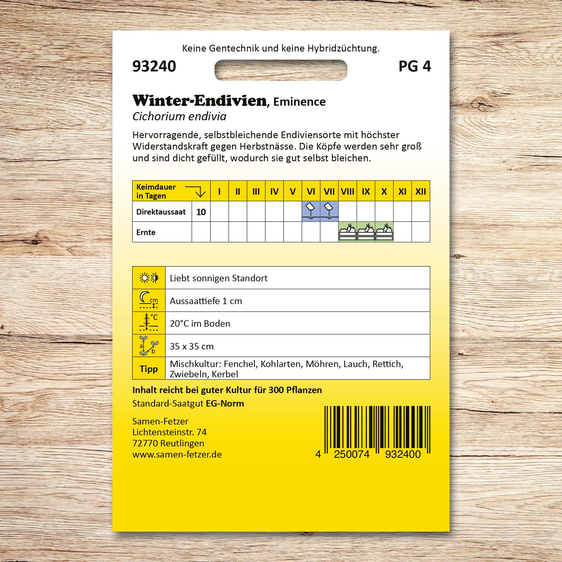 Rückseite der Samenpackung Winterendivien Eminence von Samen-Fetzer mit Aussaatkalender, Erntezeit, Pflanzabstand und Infos zur selbstbleichenden, herbstnässefesten Profisorte.