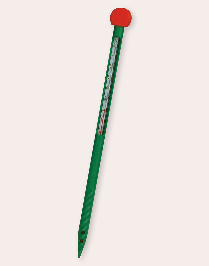 Grünes Bodenthermometer zum Einstecken mit roter Kappe und sichtbar skaliertem Thermometer