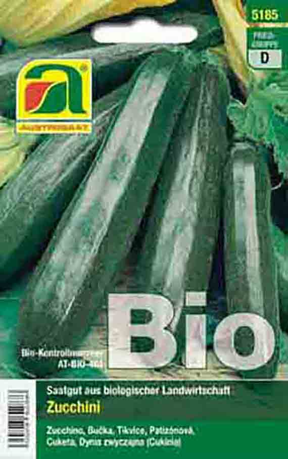 Packung Bio-Zucchini-Saatgut mit Abbildung mehrerer langer grüner Zucchini, großer Aufschrift 'BIO' und Hinweis 'Saatgut aus biologischer Landwirtschaft'.