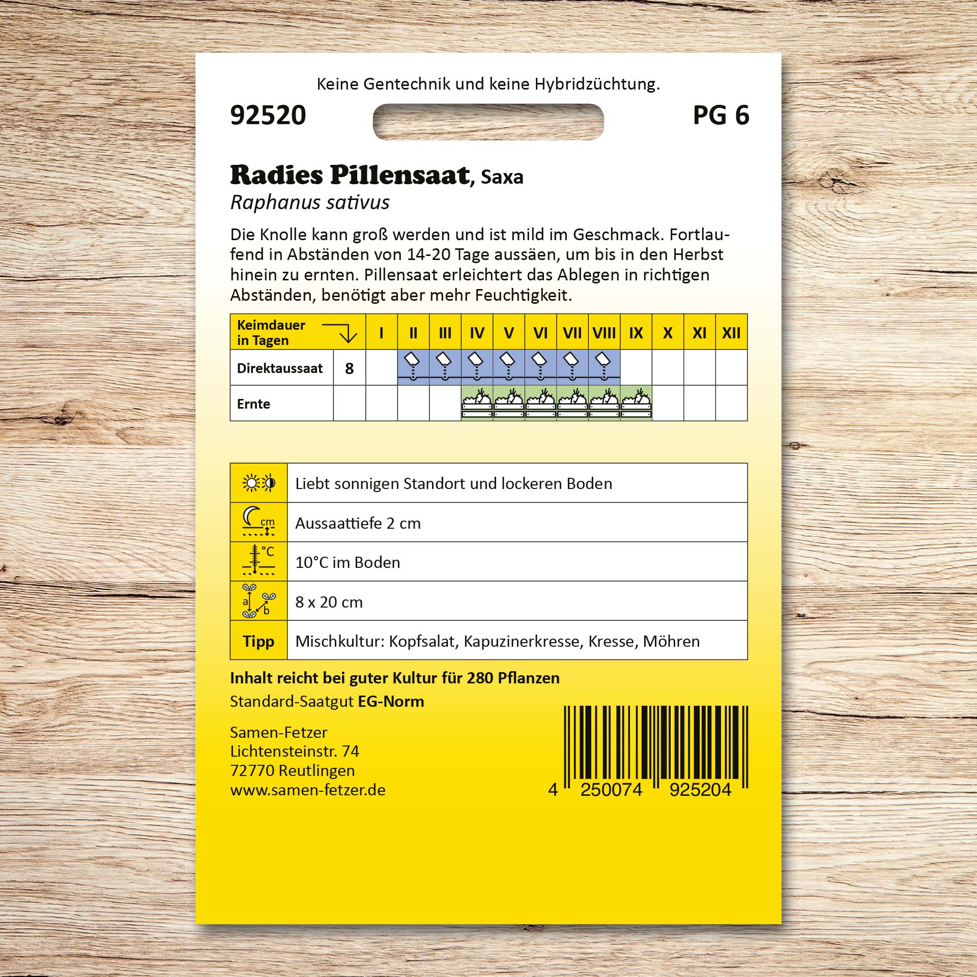 Rückseite der Samen-Fetzer Saatgutpackung Radies Pillensaat Saxa mit Aussaatkalender, Erntezeiten und Pflegetipps für mildes, karminrotes Radieschen