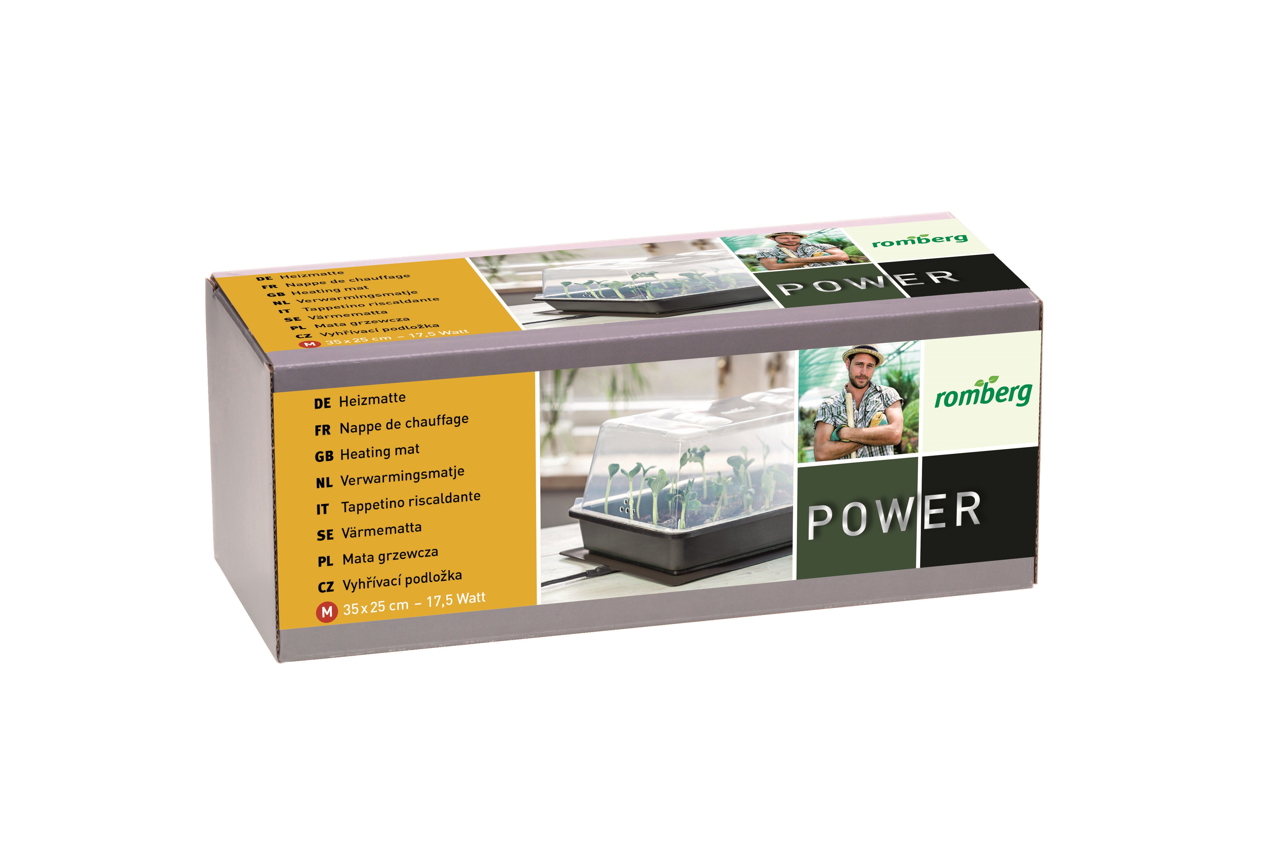 Verpackte Romberg Heizmatte Power 35 x 25 cm, 17,5 W auf Karton mit Foto einer Anzuchtschale und Markenlogo
