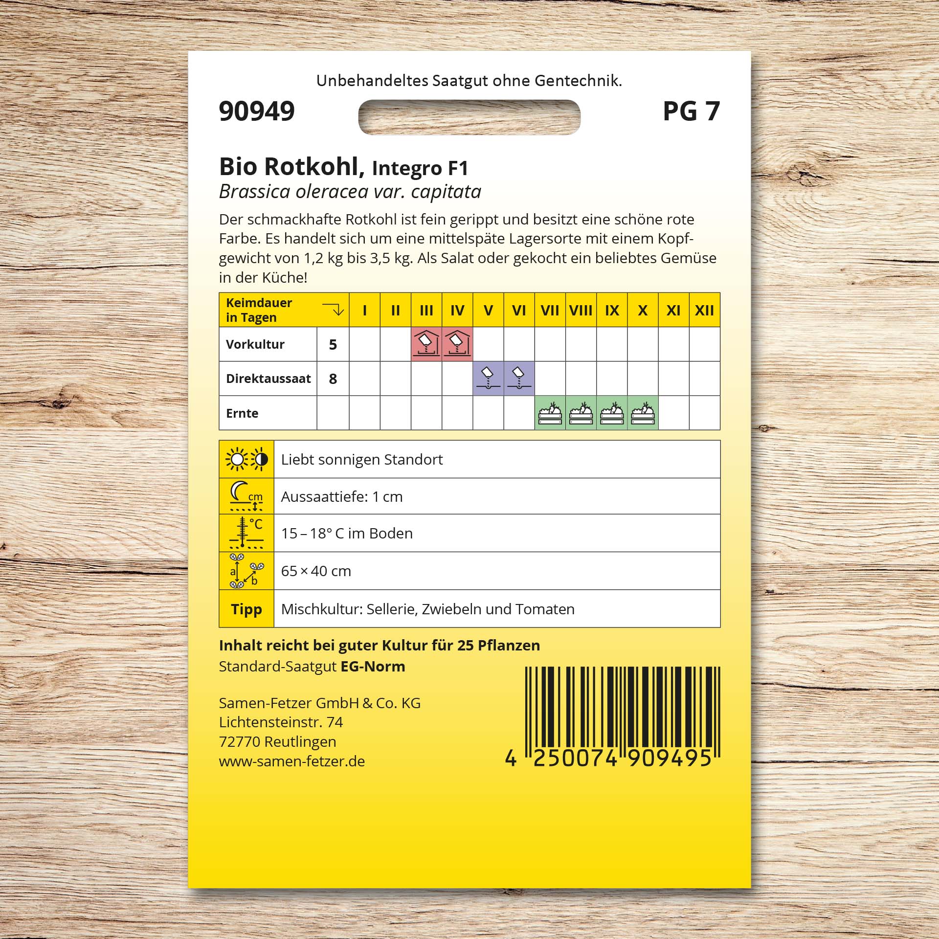 Rückseite der Saatgutpackung Rotkohl (Bio) Integro F1 von Samen-Fetzer mit Aussaatkalender, Erntezeit, Pflanzabstand und Infos zur vitaminreichen, mittelspäten Lagersorte.