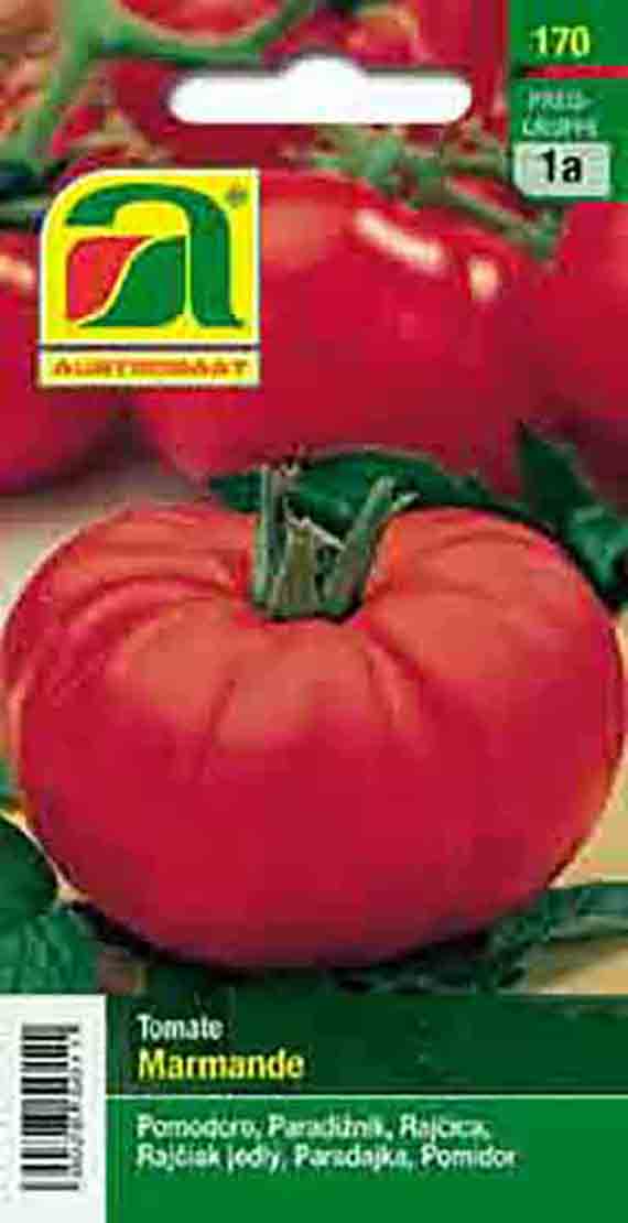 Samenpackung für Tomate 'Marmande' mit Nahaufnahme einer roten, leicht gerippten Fleischtomate und grünem Stiel
