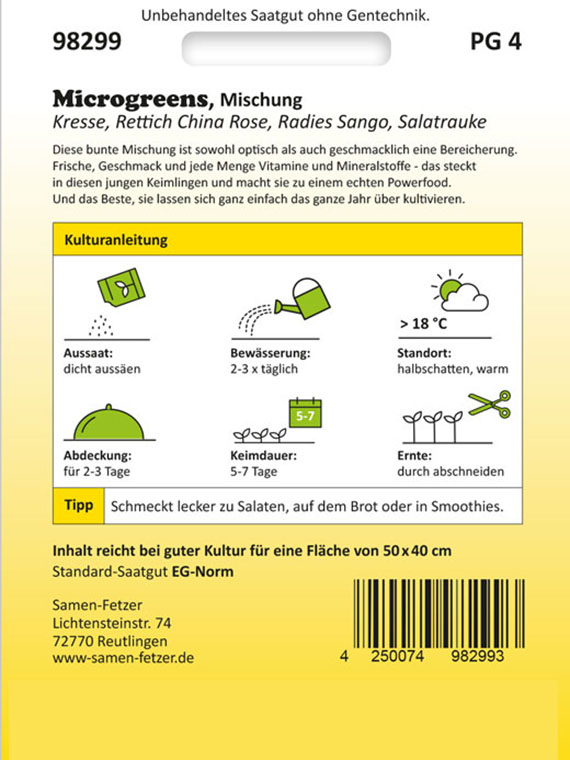 Rückseite einer gelben Saatgut-Packung "Microgreens, Mischung" mit Hinweis "Unbehandeltes Saatgut ohne Gentechnik", Piktogrammen zur Aussaat, Bewässerung, Standort, Abdeckung, Keimdauer und Ernte sowie Herstellerangabe Samen-Fetzer und Barcode.