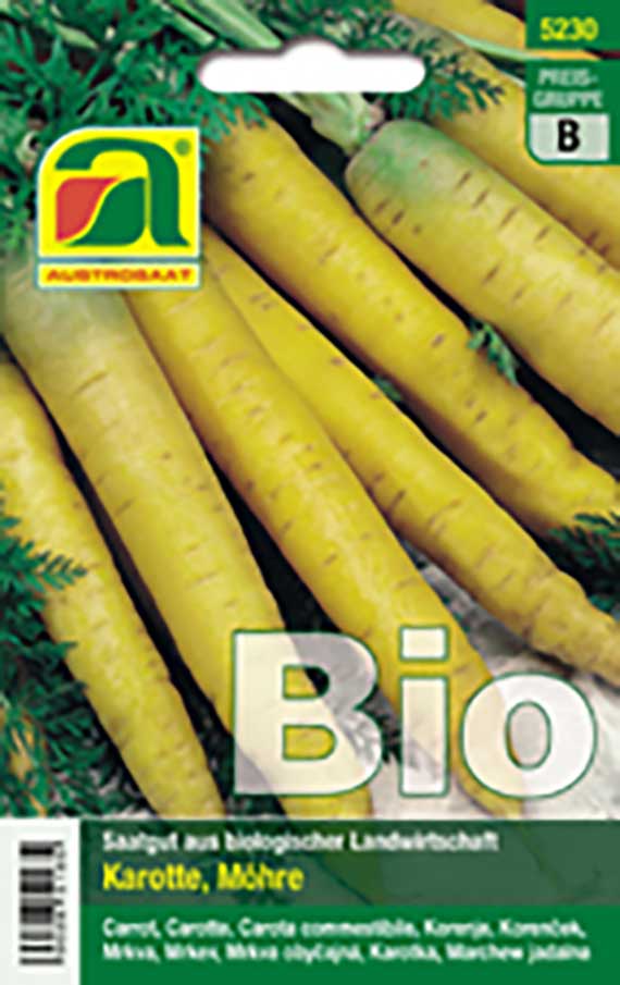 Packung Austrosaat Bio-Karottensamen mit Bild gelber Möhren auf der Vorderseite, Saatgut für den Anbau