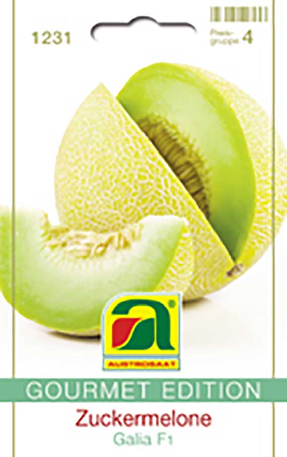 Produktbild einer Samenpackung für Zuckermelone Galia F1 (Gourmet Edition) mit Abbildung einer aufgeschnittenen gelb-grünen Melone