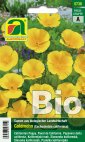 Bio-Saatgutpackung mit gelben kalifornischen Mohnblüten auf grünem Hintergrund