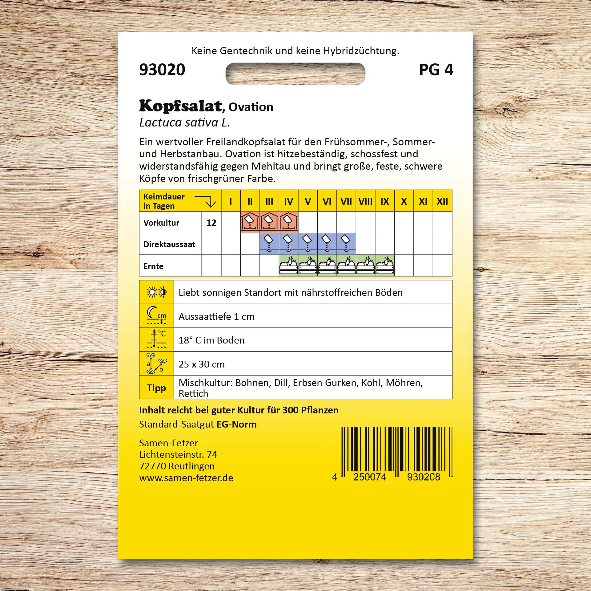 Rückseite der Samen-Fetzer Saatgutpackung Kopfsalat Ovation mit Aussaatkalender und Anbauhinweisen; hitzebeständiger, schossfester, mehltauresistenter Freilandkopfsalat mit großen, festen, frischgrünen Köpfen.