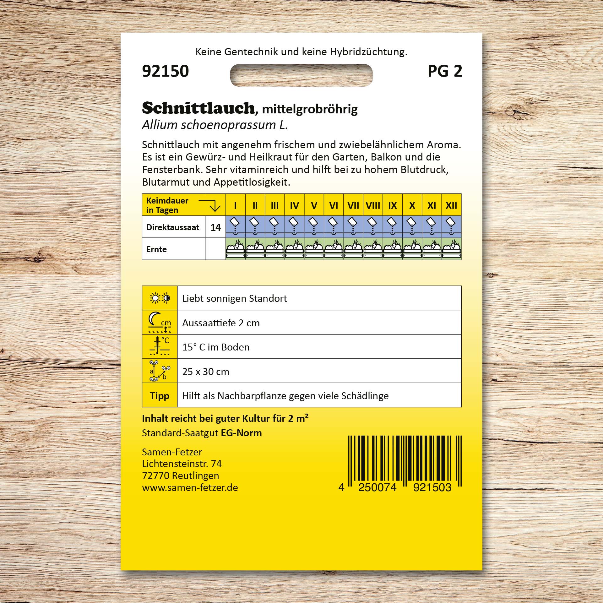 Rückseite der Samen-Fetzer-Saatgutpackung Schnittlauch mittelgrobröhrig mit Aussaatkalender, Erntezeit, Pflanztipps und Angaben zum frischen, zwiebelähnlichen Aroma für Garten, Balkon und Fensterbank