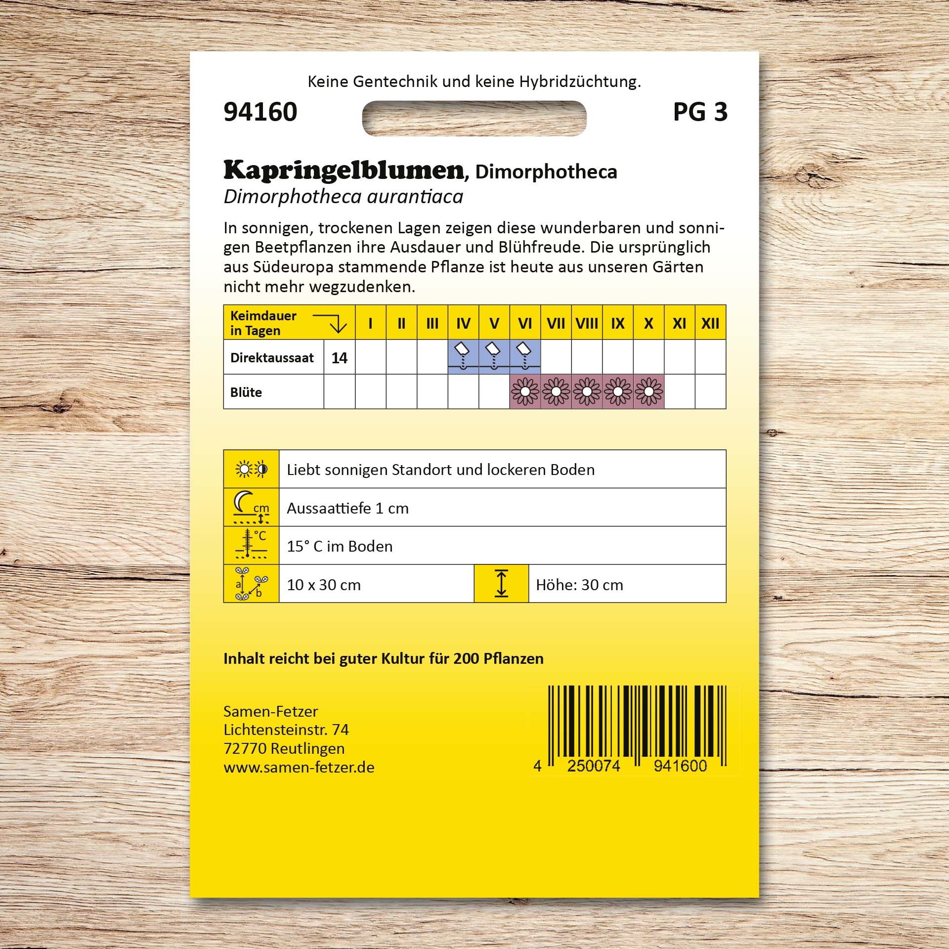 Rückseite der Samen-Fetzer Saatgutpackung Kapringelblumen Dimorphotheca mit Aussaatkalender, Standortangaben und Pflegehinweisen für sonnige, trockene Lagen in Beet, Balkonkasten und Topf