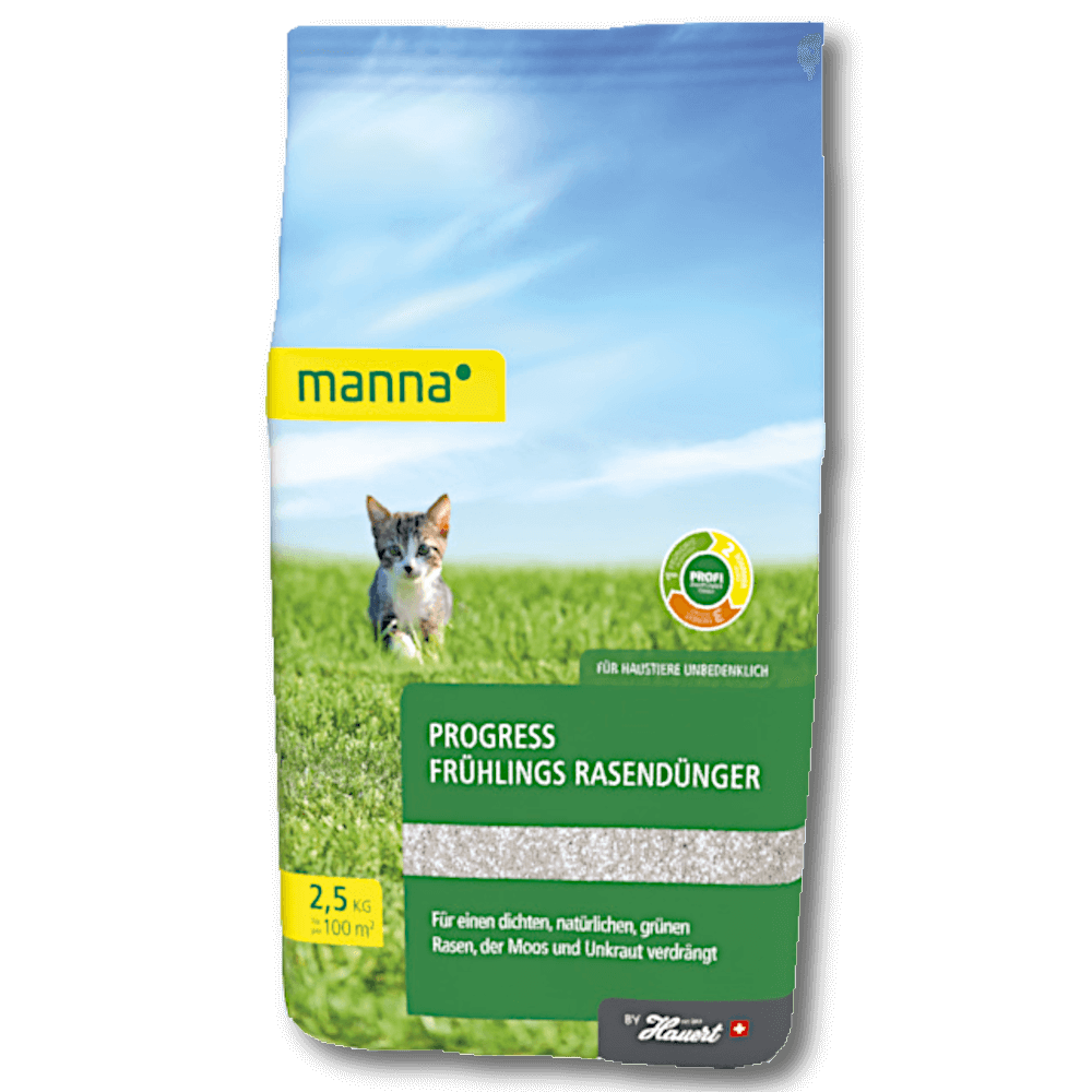 Produktverpackung: manna Progress Frühlings-Rasendünger 2,5 kg mit Katzenmotiv und grüner Rasenabbildung, Hinweis auf ca. 100 m² Deckung
